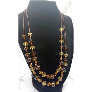 Multi Strand Amber Brown Faceted Glass Bead Necklace